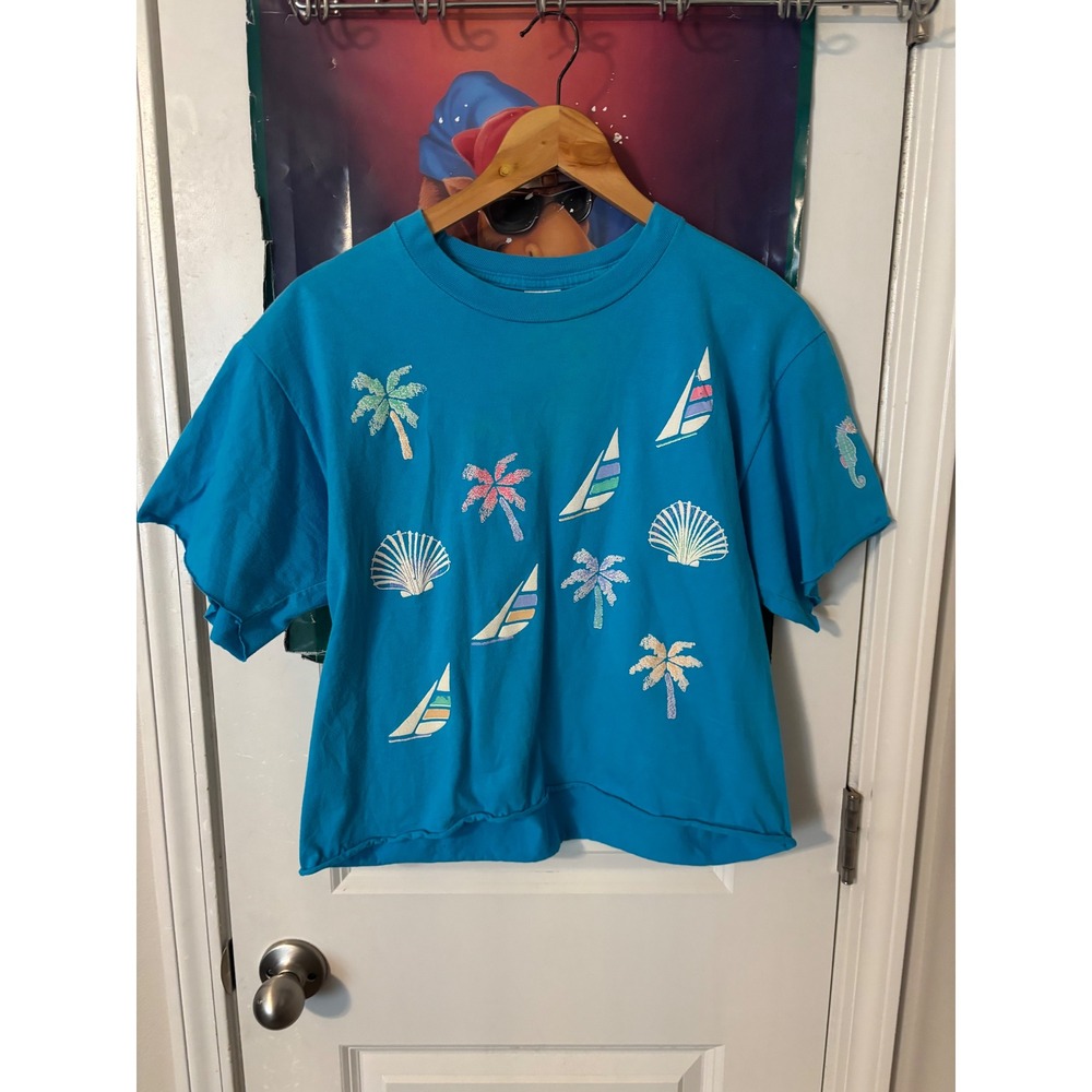 Vintage 80s Jerzees Beach T-Shirt L Blue Puff Print Sailboat Palm Tree USA Made